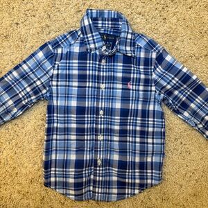 Ralph Lauren Polo Shirt Plaid Blue 100% Cotton Button Down Top - Boys Size 4/4T